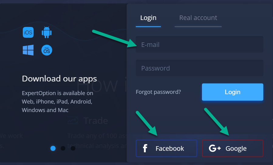 Expertoption login with: Facebook, Gmail, Email