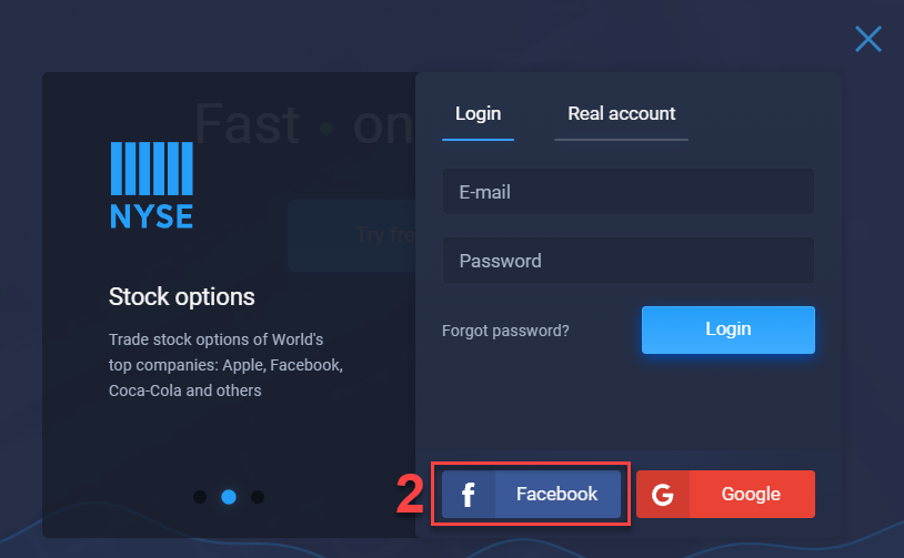 Klicken Sie bei ExpertOption auf den Facebook-Button